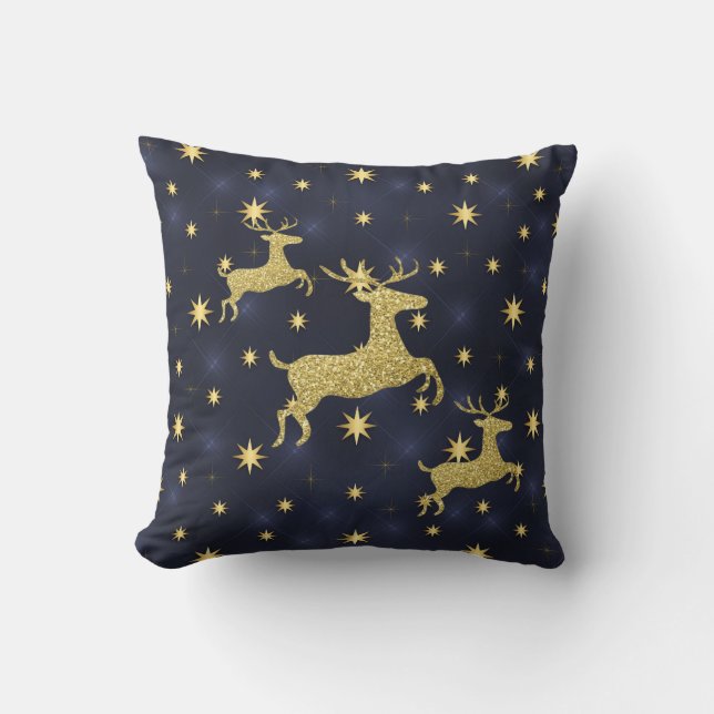 Coussin Renne d'or et bleu de minuit d'étoiles (Recto)