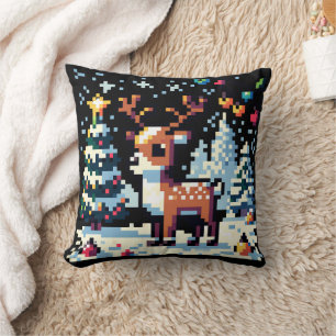 Coussin Renne en pixel art dans la neige de Noël 