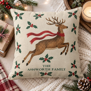Coussin Renne sautant vintage nom de famille personnalisé