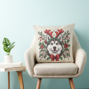 Coussin Rennes de fête Sibérie Husky Chien Noël