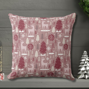 Coussin Rennes de Noël roses et forêt d'arbres