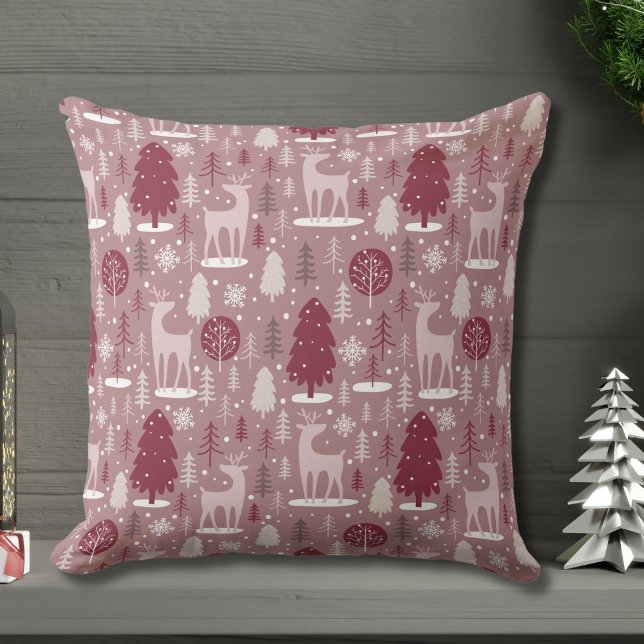 Coussin Rennes de Noël roses et forêt d'arbres (Créateur téléchargé)