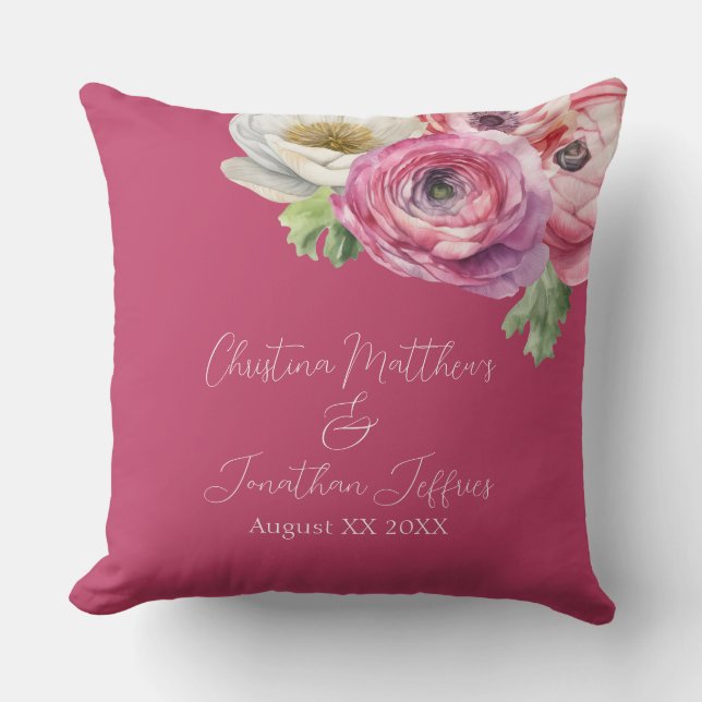 Coussin Renoncule rose aquarelle romantique sur fond rose (Recto)