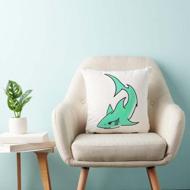 Coussin requin bleu vert dessin animé océan animal menthe  (Chaise)