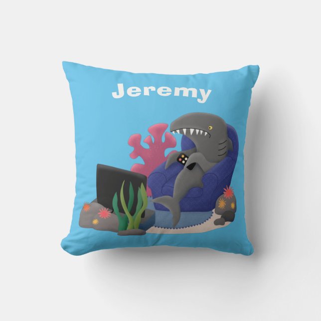 Coussin Requin drôle regardant la télévision dessin animé (Recto)