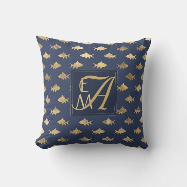 Coussin Requin Navy Blue Or Monogramme Décoration Maison J (Recto)