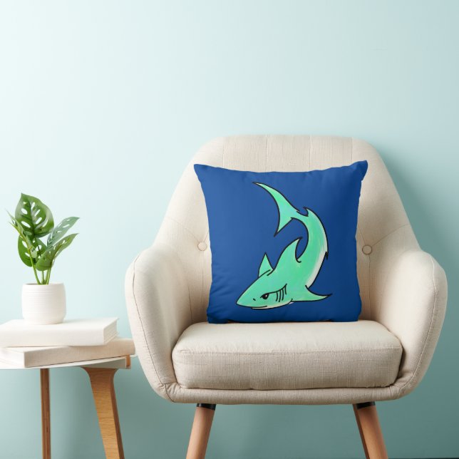 Coussin requin souriant de dessin animé bleu vert océan an (Chaise)