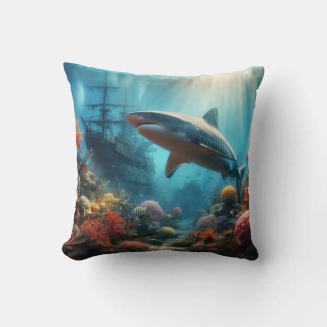 Coussin Requin tigre côtier/nautique et récif corallien (Recto)
