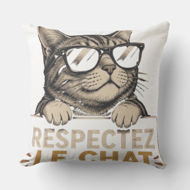Coussin Respectez le chat – Illustration de chat à lunette (Recto)