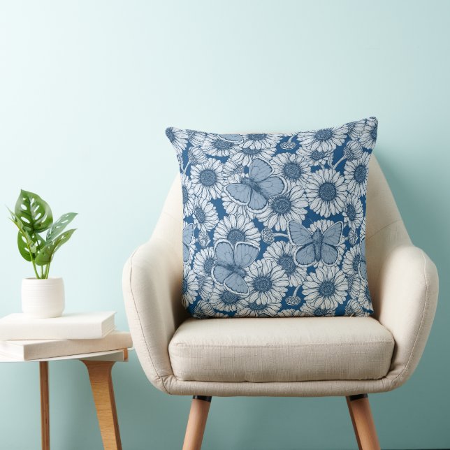 Coussin Ressort bleu, fleurs sauvages, marguerites (Chaise)