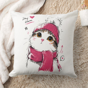 Coussin Restez au chaud, joli chat avec bonnet et écharpe