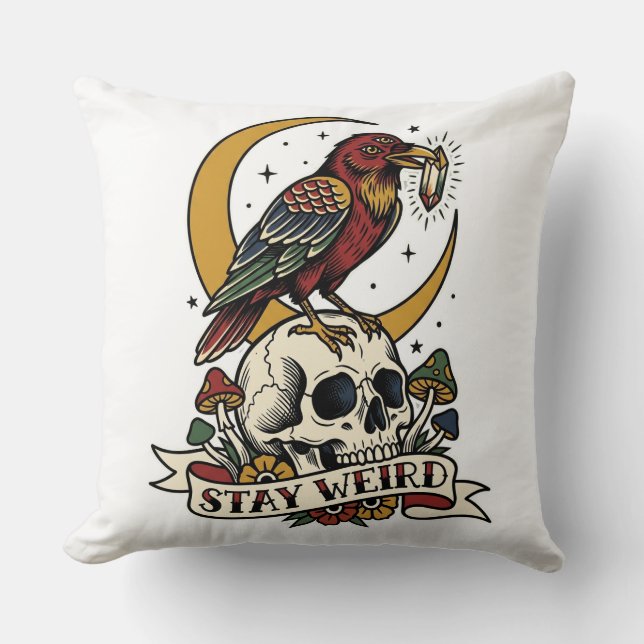 Coussin Restez Bizarre Corbeau à Trois Yeux Cristal Tatoua (Recto)