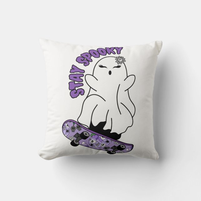 Coussin "Restez Éffrayant" Fantôme sur un skateboard - Coo (Recto)