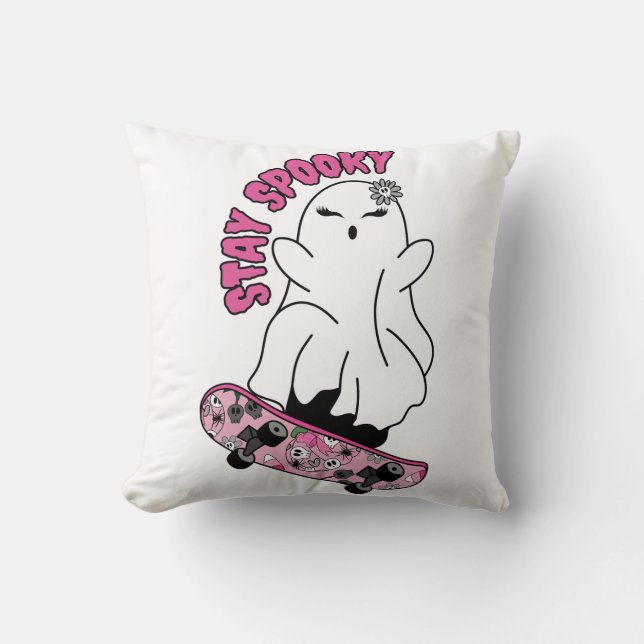Coussin "Restez Éffrayant" Fantôme sur un skateboard - Coo (Recto)