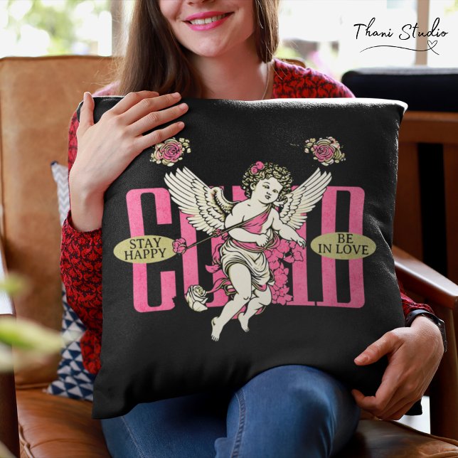 Coussin Restez heureux d'être en amour Cupid Valentine Vin (Créateur téléchargé)