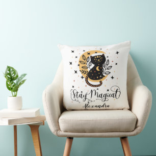 Coussin Restez magique : Chat noir, Lune, Étoiles et Nom p
