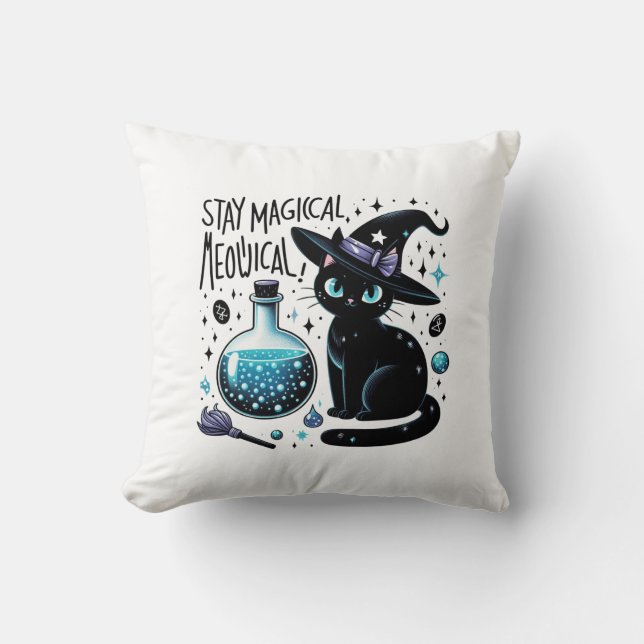 Coussin Restez Magique Sorcière Meowgical Chat Noir Cute (Recto)