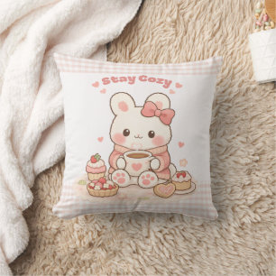 Coussin Restez Mignon Lapin Rose Gingham Douce Maison Cozy