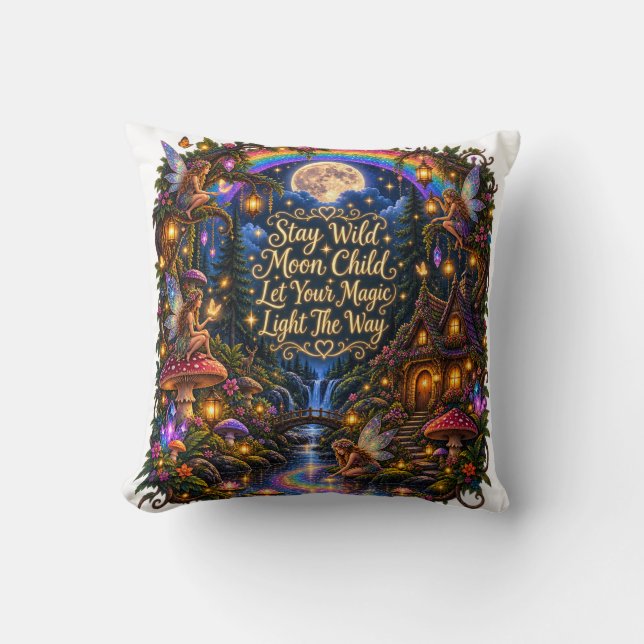 Coussin Restez Sauvage Enfant de la Lune Jeté de Forêt Fée (Recto)