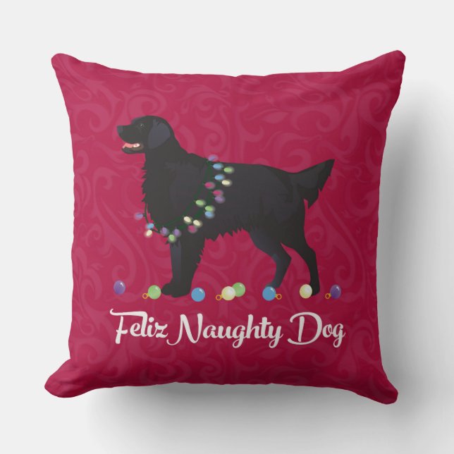 Coussin Retriever noir plat Feliz Naughty Chien (Recto)