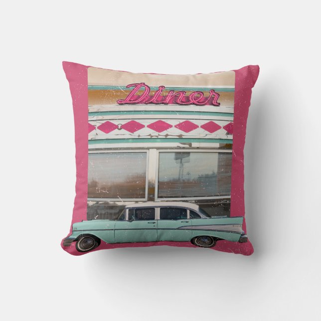 Coussin Retro 1950 Diner Wall Art | Panneau rose néon et T (Recto)
