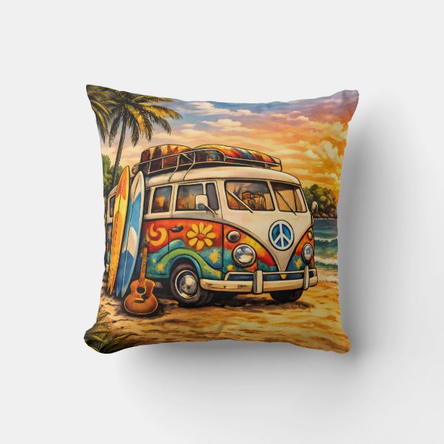 Coussin Retro 60s Hippie Beach Bus Sunset | Surf Van Life (Recto)