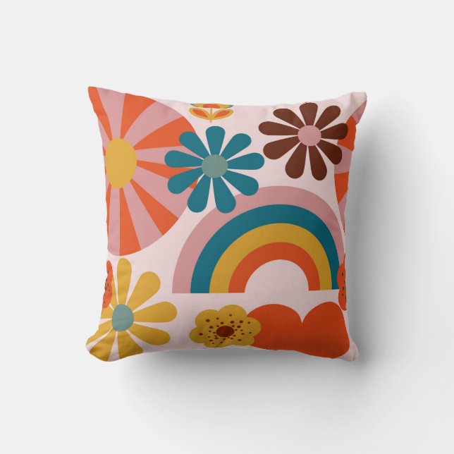 Coussin Retro 70's rose fleurs, arc-en-ciel et motifs card (Recto)