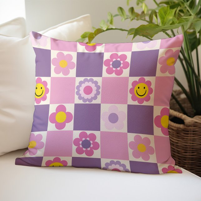 Coussin Retro À damiers Checker Y2K Floral Patal (Créateur téléchargé)