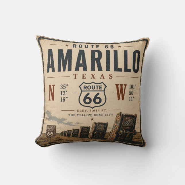 Coussin Rétro Amarillo Route 66 Coordonnées (Recto)