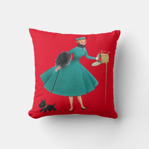 Coussin Retro années 1950 Fille et chien de Noël