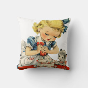 Coussin Rétro Anniversaire Fille Cake Cat Enfants Artwork