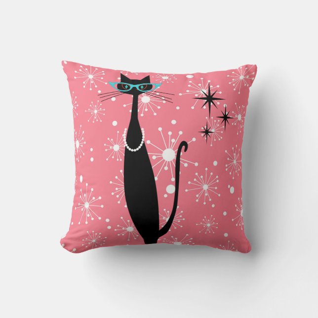 Coussin Retro Atomique Moyen Siècle Moderne MCM Chat noir (Recto)