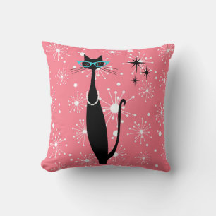 Coussin Retro Atomique Moyen Siècle Moderne MCM Chat noir