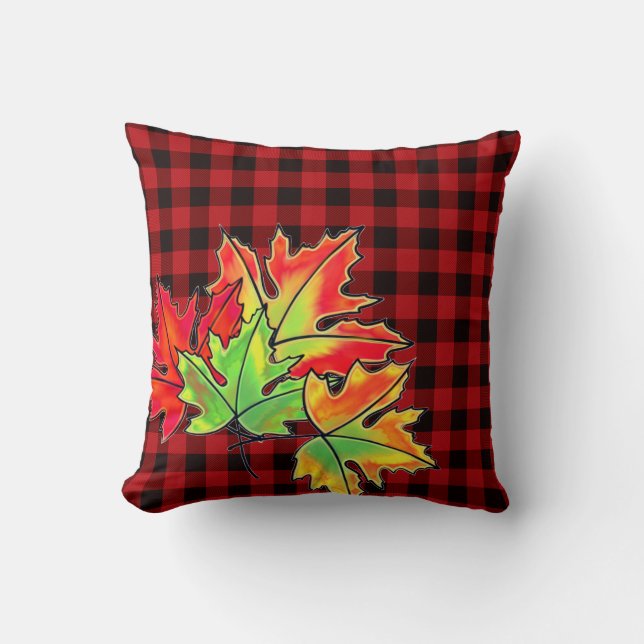 Coussin Retro Automne Feuilles rouge rustique noir plaid (Recto)