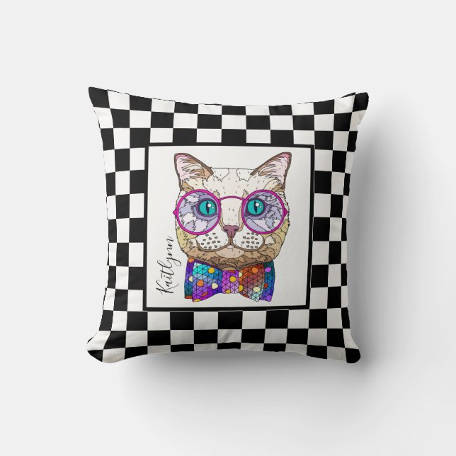 Coussin Retro B&W damier avec Hipster Cat & Nom (Recto)