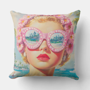 Coussin Retro Beach Girl avec lunettes de soleil florales