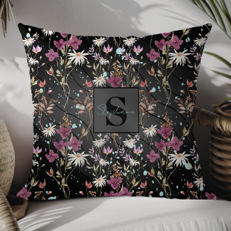 Coussin Retro Boho Elegant Fleur sauvage Monogramme