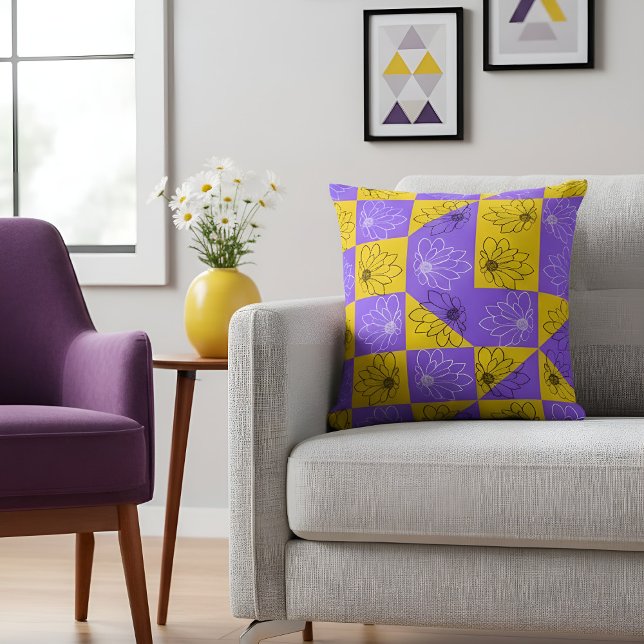 Coussin Rétro Boho Violet & Jaune Damier aux Marguerites (Créateur téléchargé)