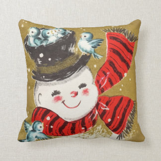 Coussin Rétro bonhomme de neige vintage et oiseaux de Noël