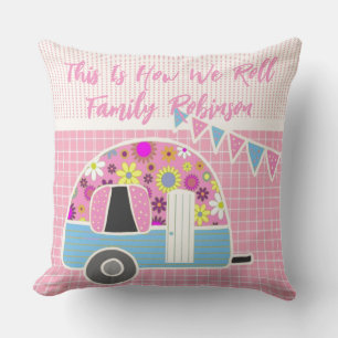 Coussin Retro Camper rose bleu personnalisé