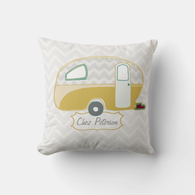 Coussin Retro Caravan Mustard Green et Grey Chevron (Recto)