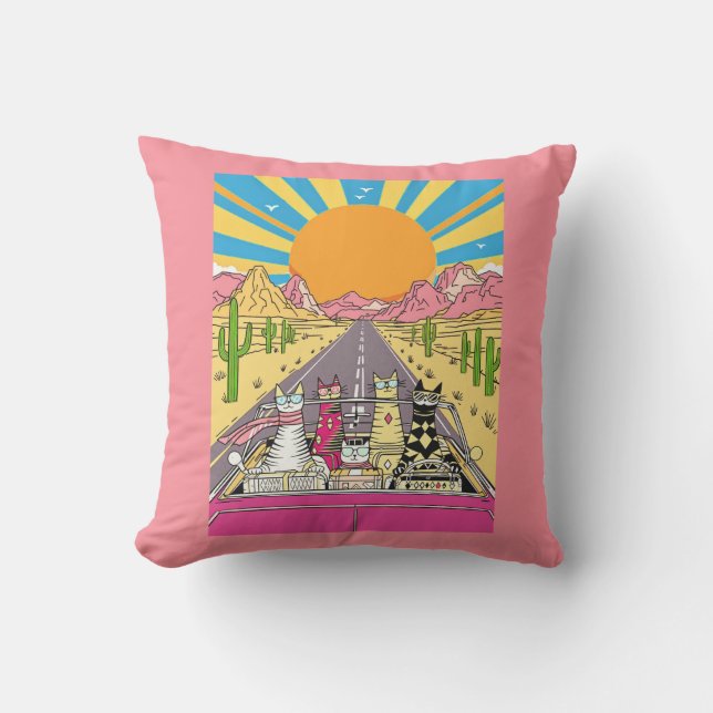 Coussin Retro Cats on Vacation Take a Road Trip (Recto)