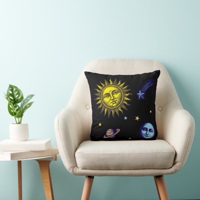 Coussin Retro Celestial Art Sun Moon Stars Planet Comet (Chaise)