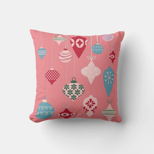 Coussin Rétro Christmas Ornaments on Pink (Recto)