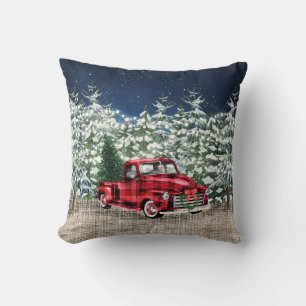 Coussin Retro classique Forêt rustique Camion rouge de Noë