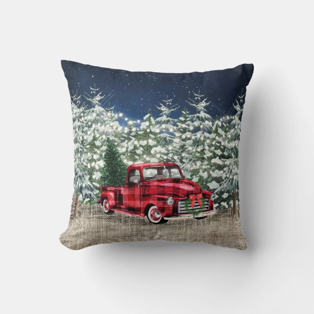 Coussin Retro classique Forêt rustique Camion rouge de Noë (Recto)