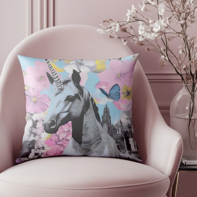 Coussin Retro Coquette Pink et Blue Unicorn Collage (Elevate your style with this standout piece, ideal for lovers of vintage flair )