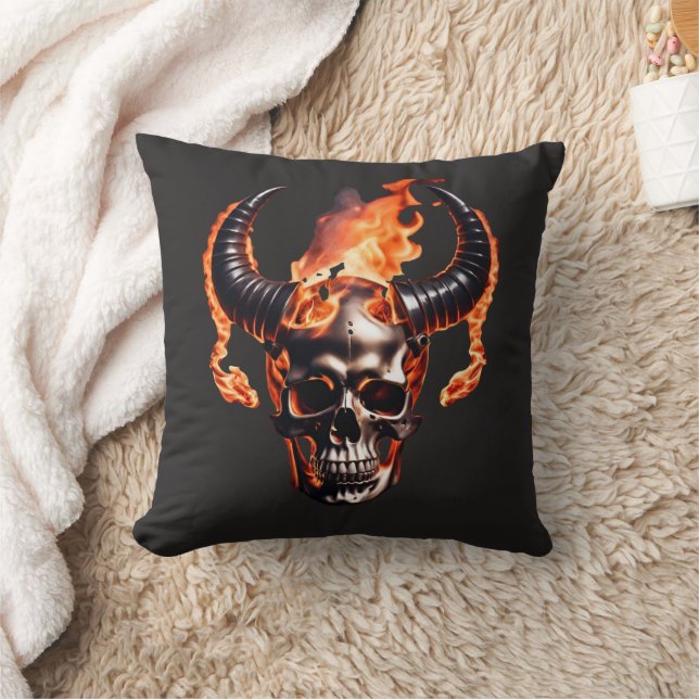 Coussin Retro Dead Burning Crâne avec corne en feu (Couverture)