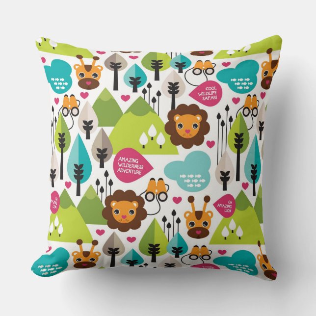 Coussin rétro faune de lion de safari d'enfants (Recto)