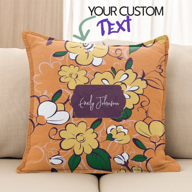Coussin Retro Floral Daisy Orange Autumn Custom Name (Bohemian Meadow Floral Sketch Style Throw Pillow)